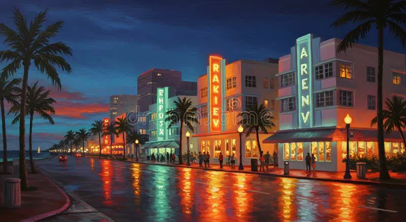 Ocean Drive Art Deco buildings South Beach lit up at dusk